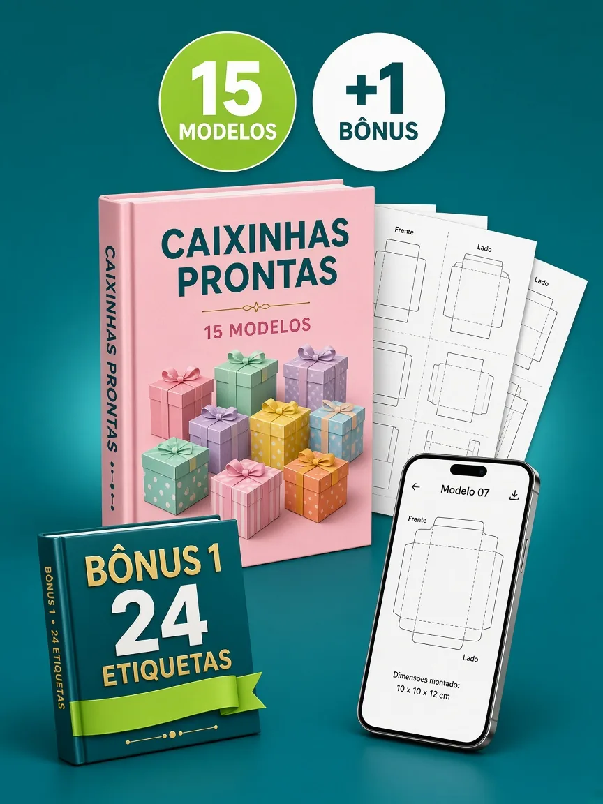 Montagem ilustrativa do Caixinhas Prontas: livro com a capa, páginas do material e celular