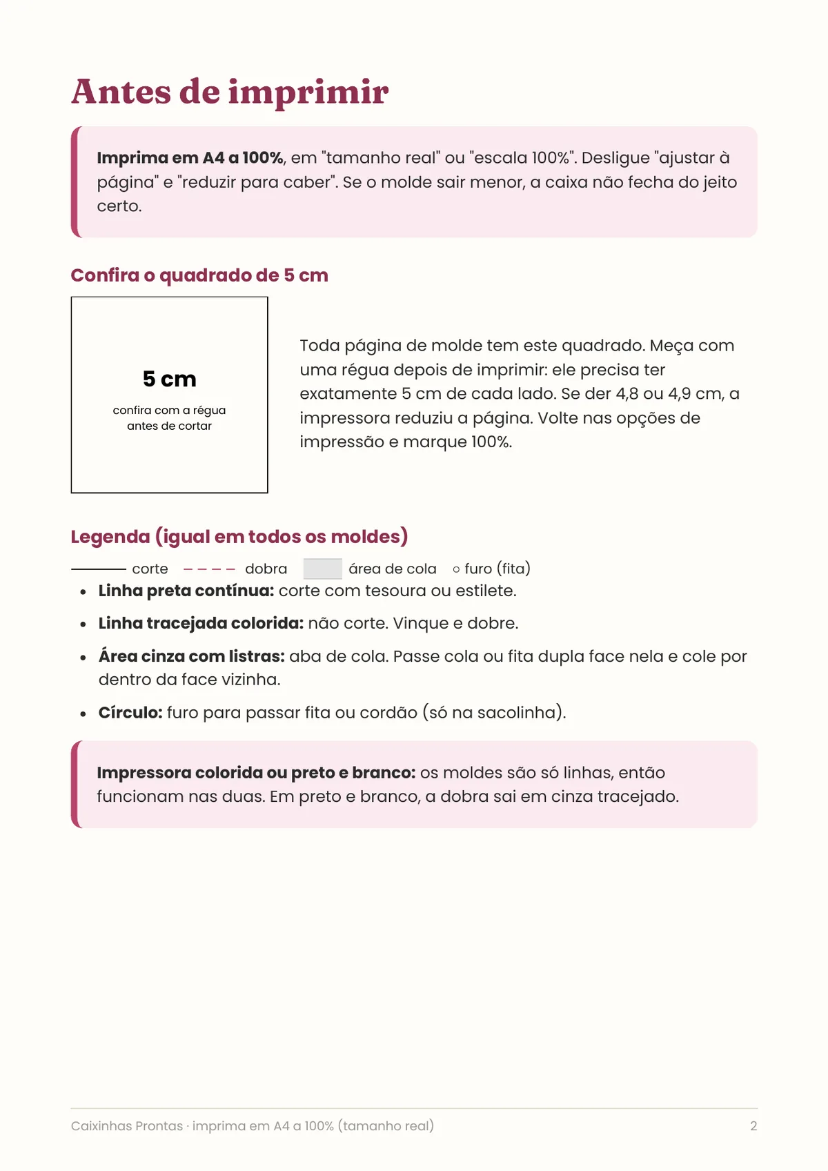 Página real do PDF Caixinhas Prontas: quadrado de 5 cm
